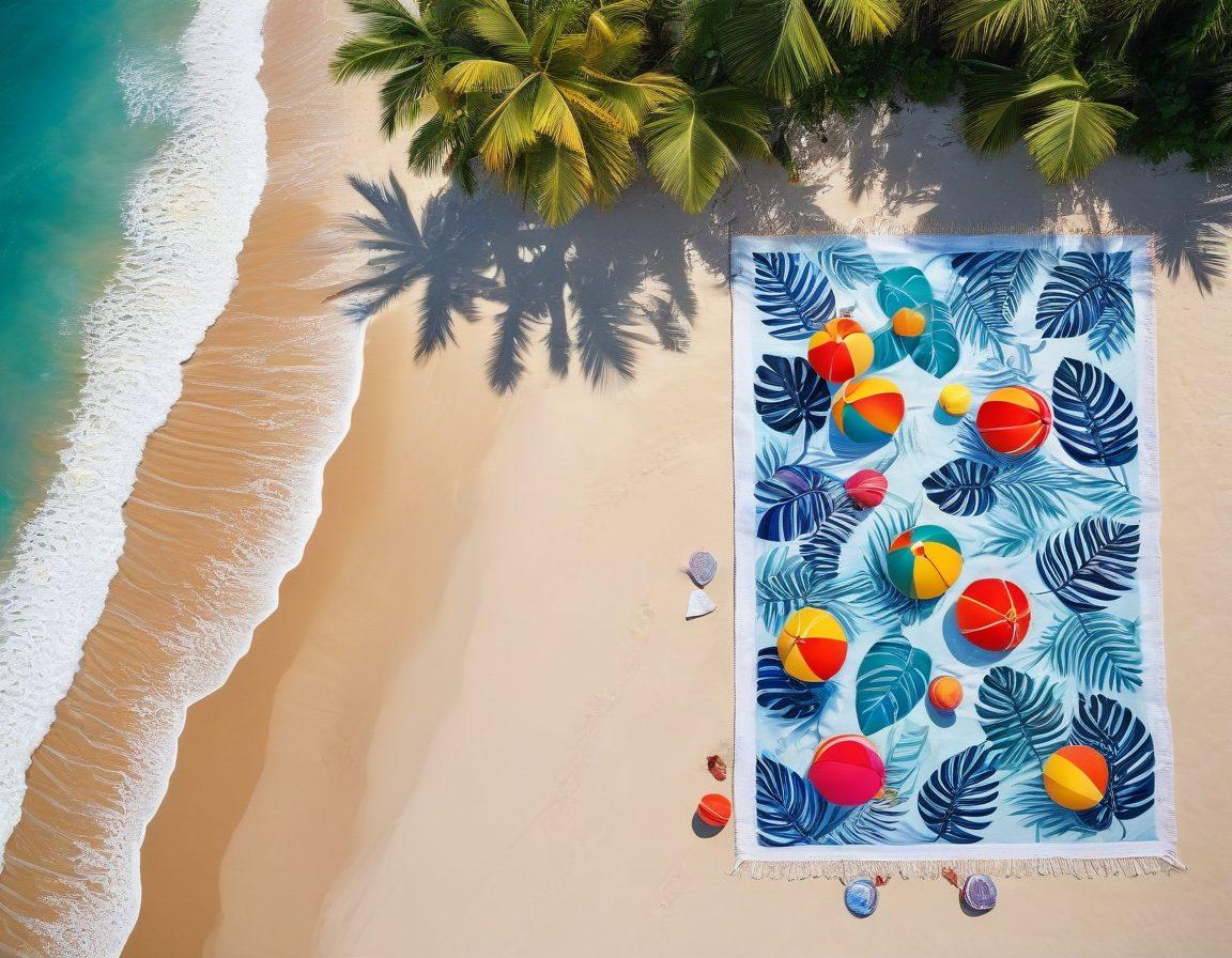 A sunlit beach scene showcasing a vibrant array of stylish bikinis displayed on a colorful beach towel, surrounded by tropical leaves, a beach ball, and footprints in the sand. In the background, waves crash gently on the shore under a clear blue sky with fluffy clouds. The overall mood is fun and adventurous, inviting viewers to explore outdoor summer escapes. super-realistic. vibrant colors. beach setting.